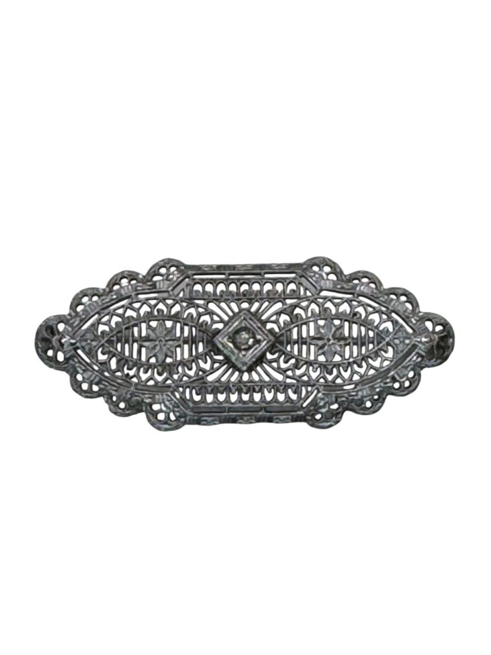 Vintage 14k White Gold Art Deco Filigree Bar Brooch Detailed Clear 2" Antique
